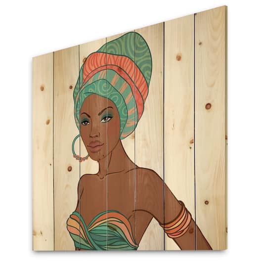 Designart - African American Woman With Earring &#x26; Turban - Modern Print on Natural Pine Wood